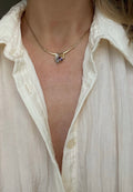 The amethyst and topaz necklace worn, the pendant sitting right at the collarbones