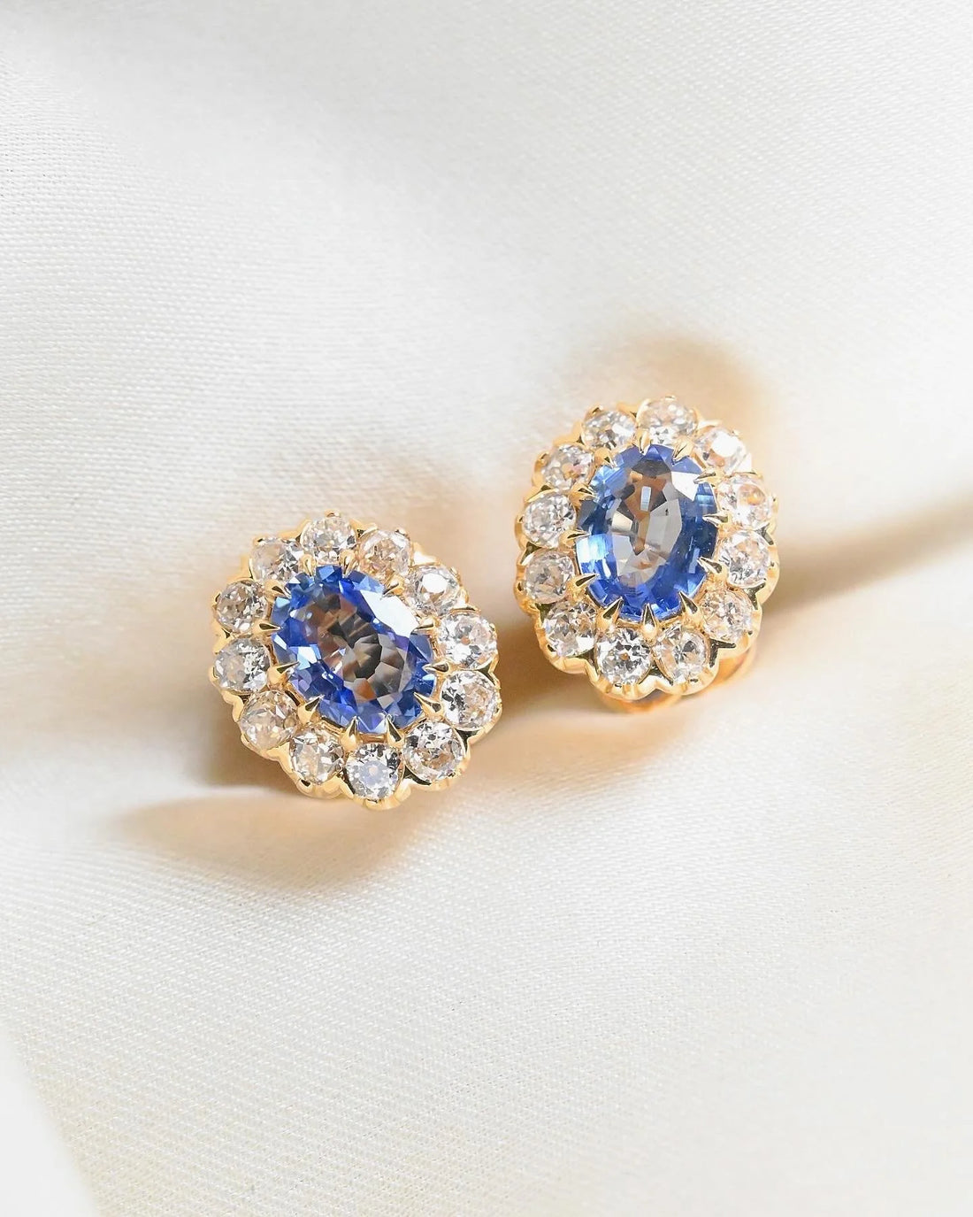 Heirloom Dream Halo Studs w Sapphires and Old Cut Diamonds 18K Gold