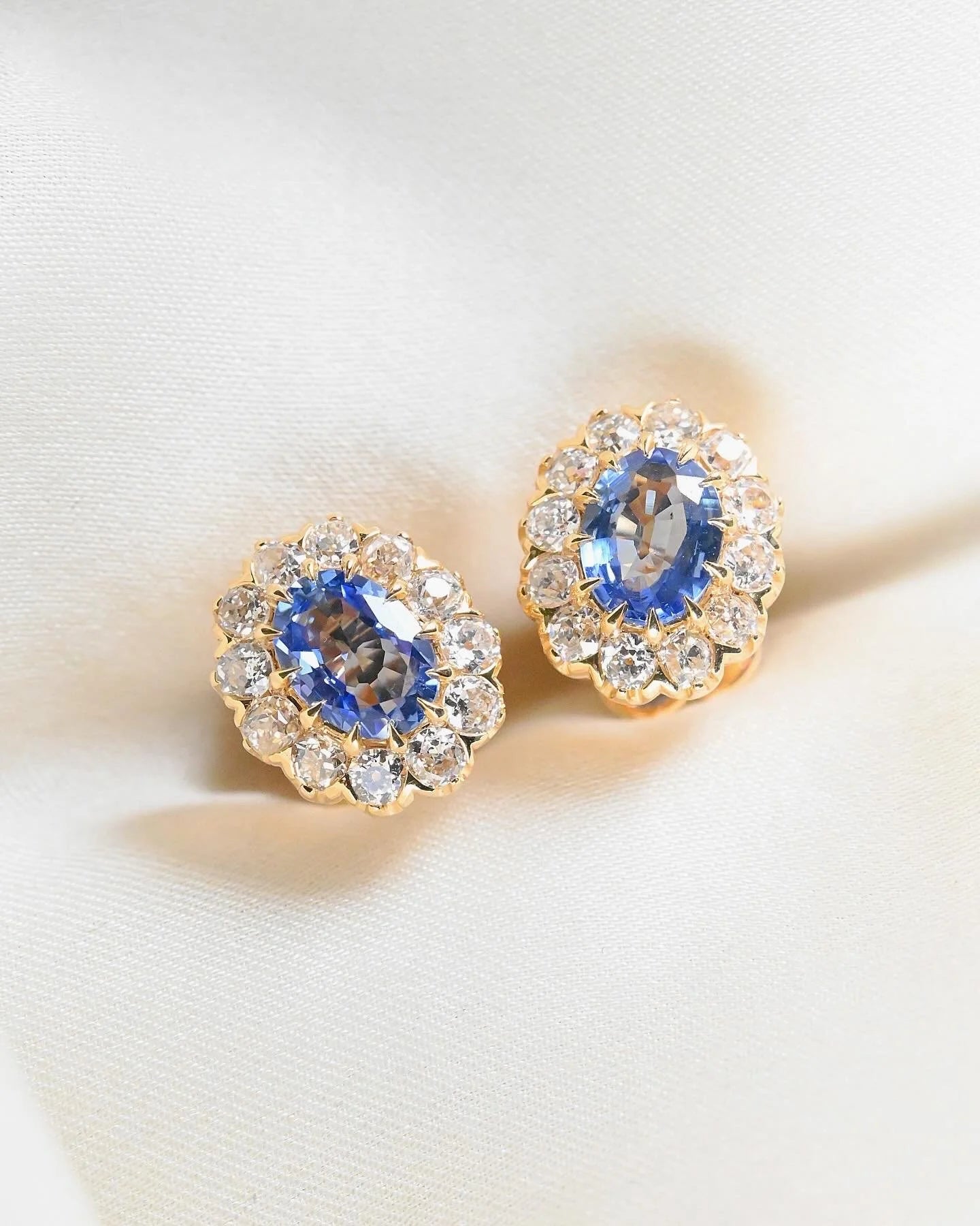 Heirloom Dream Halo Studs w Sapphires and Old Cut Diamonds 18K Gold