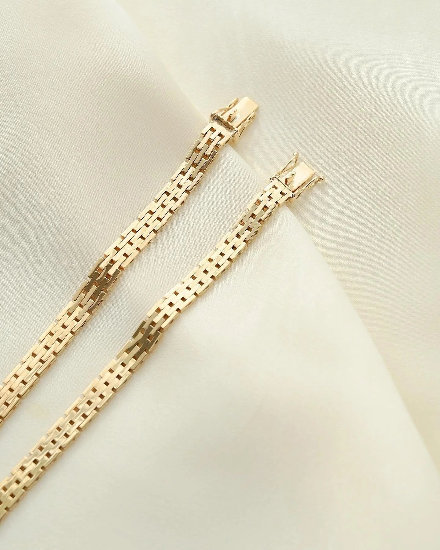 Two Rare Danish Vintage Slimmer Brick Link Bracelets 14K Gold 1960-70