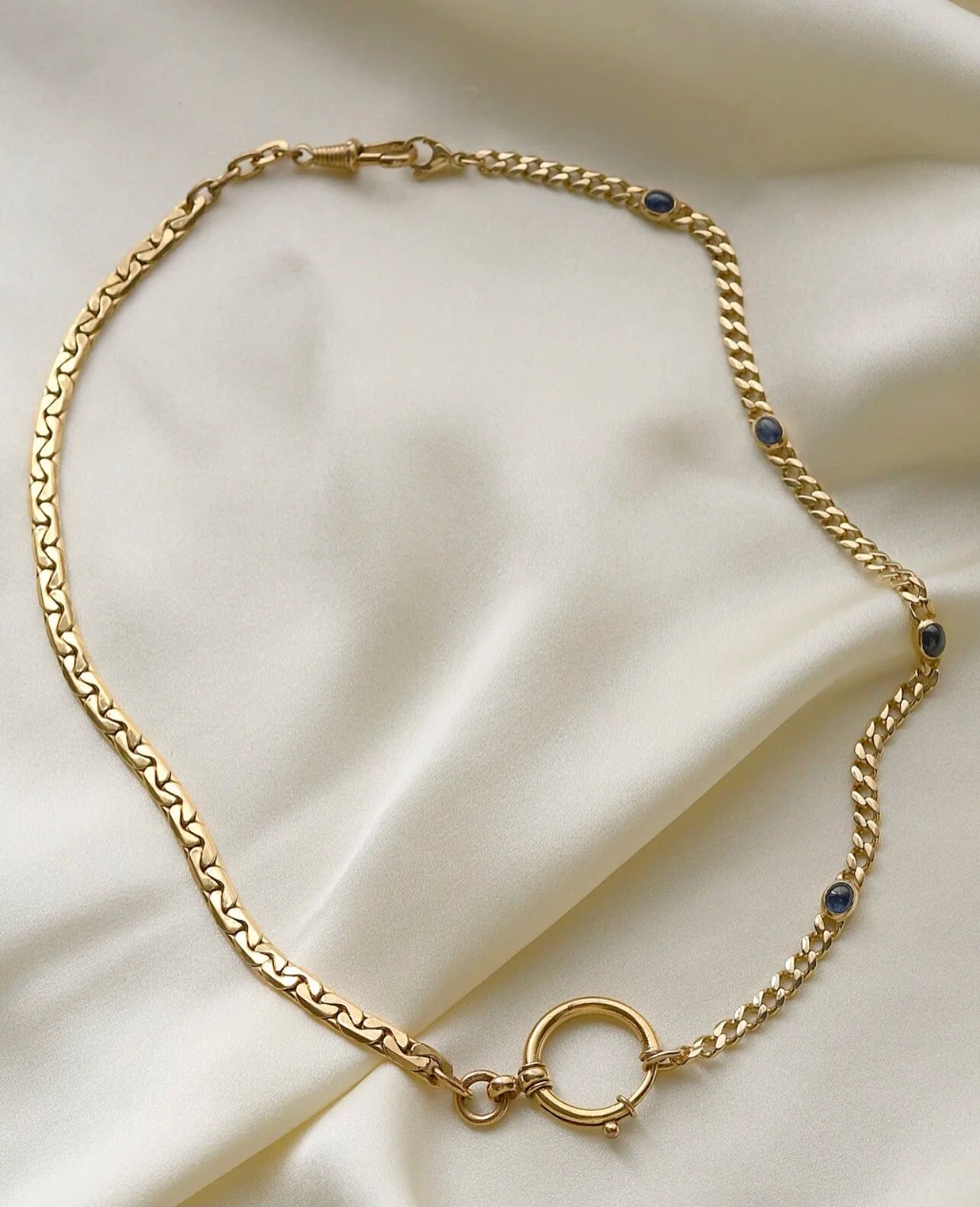 Vintage Curb Link Bracelet or Chain Extender w Sapphires 14K Gold 1980s