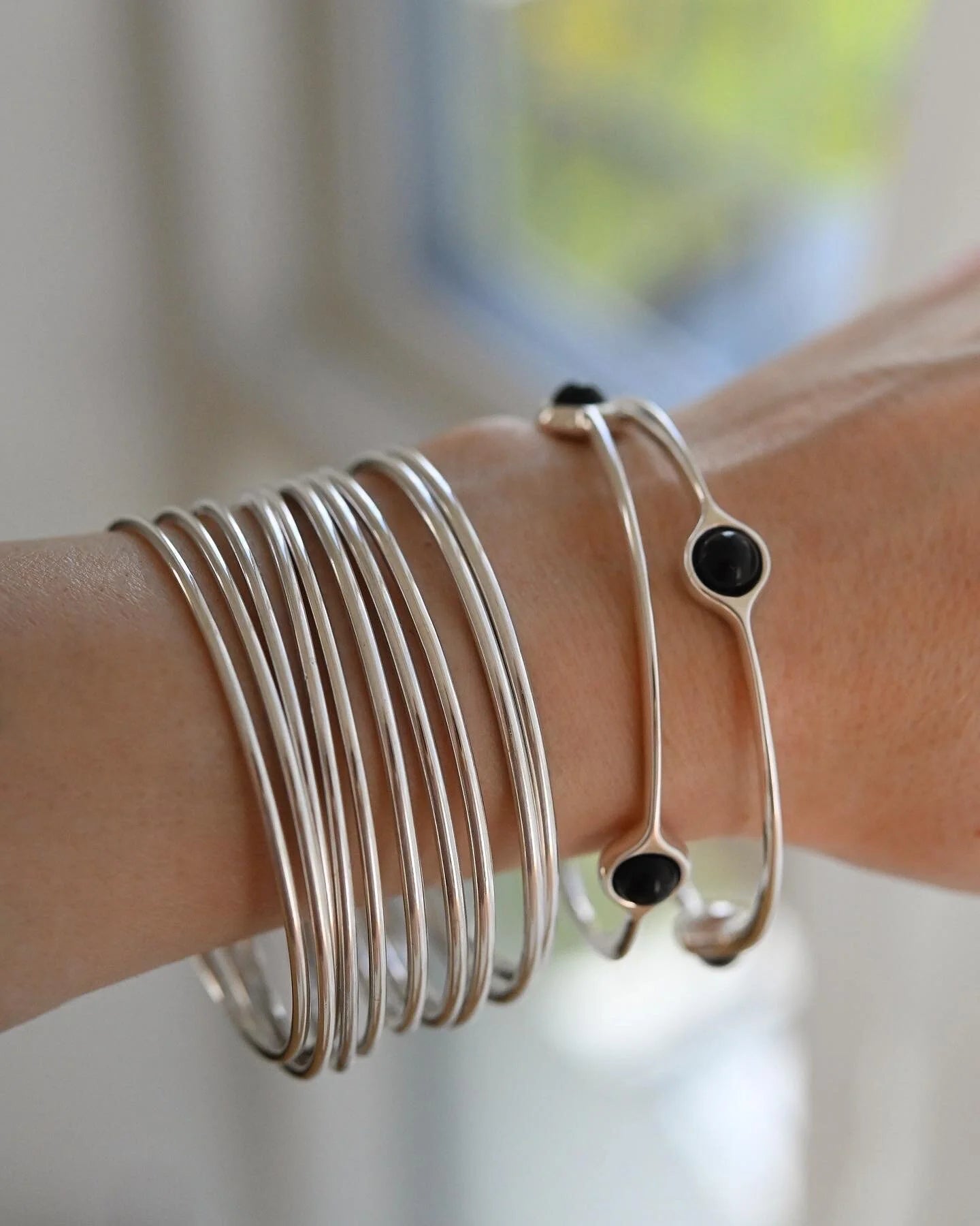 Amazing Georg Jensen Vintage Bangles with Black Agate Sterling Silver