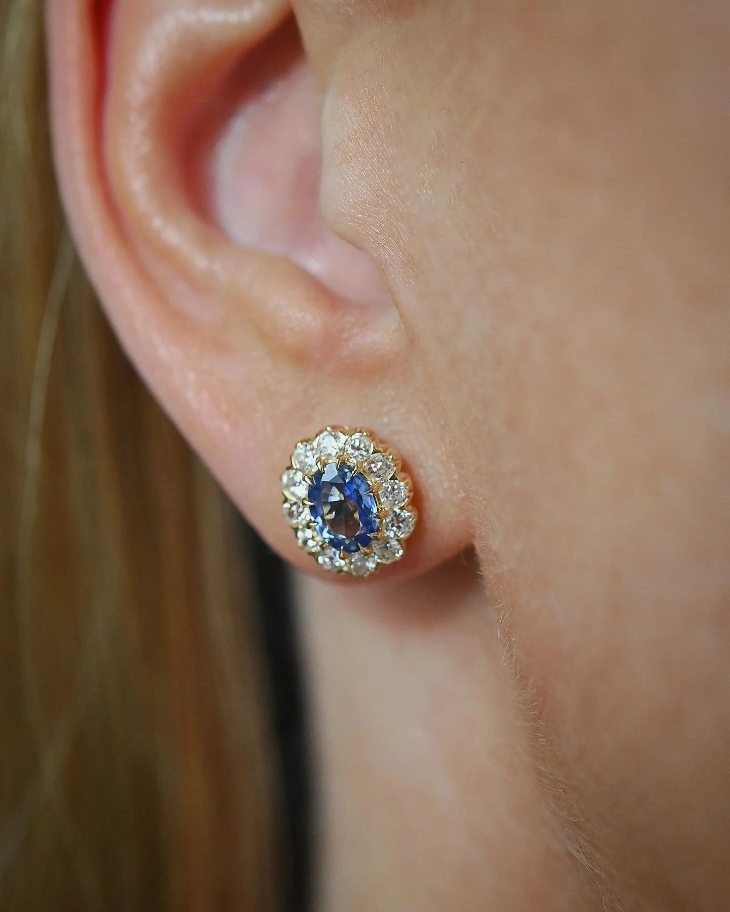 Heirloom Dream Halo Studs w Sapphires and Old Cut Diamonds 18K Gold