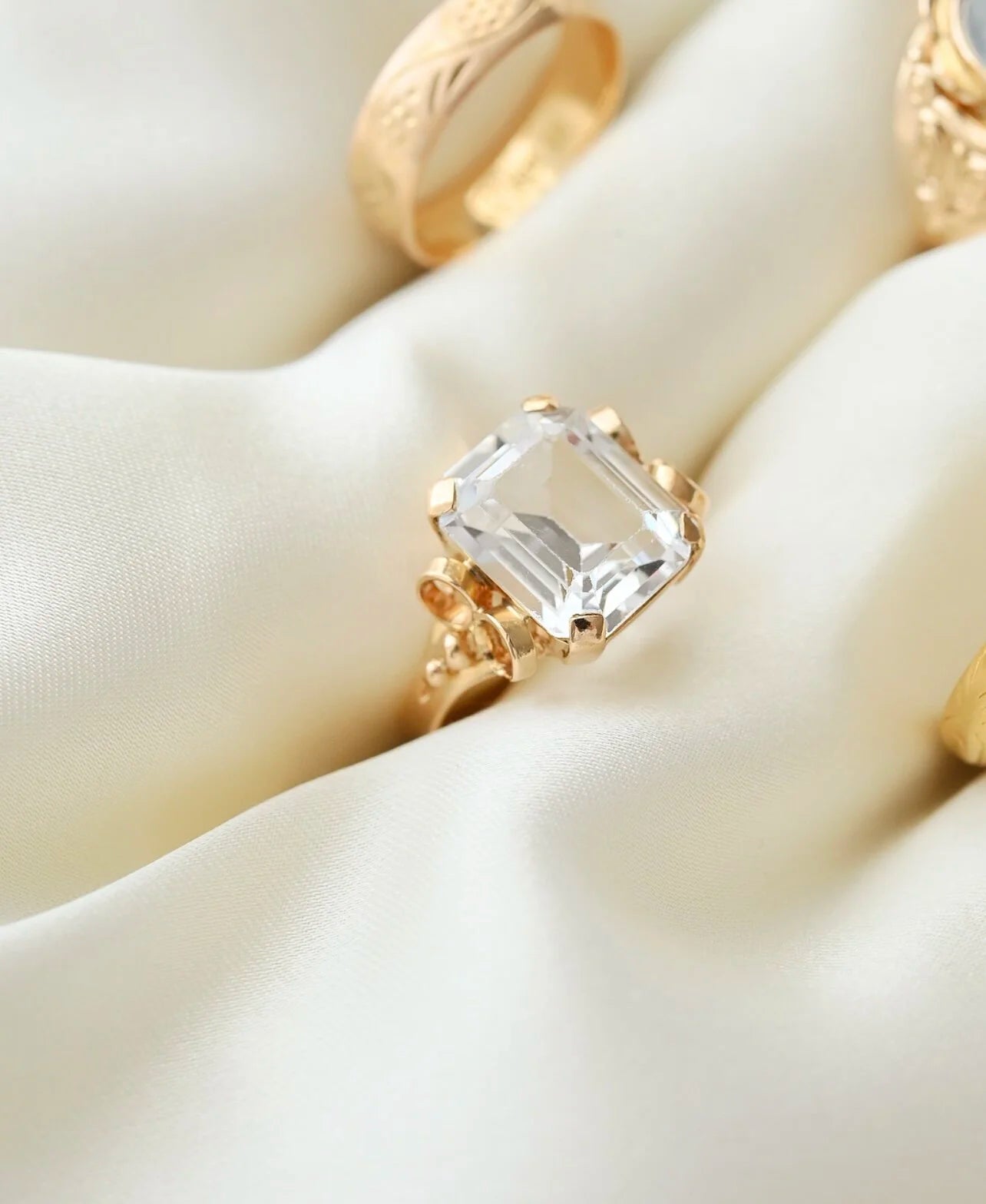 Exquisite Vintage Swedish Emerald Cut Quartz Ring 18K Gold 1955