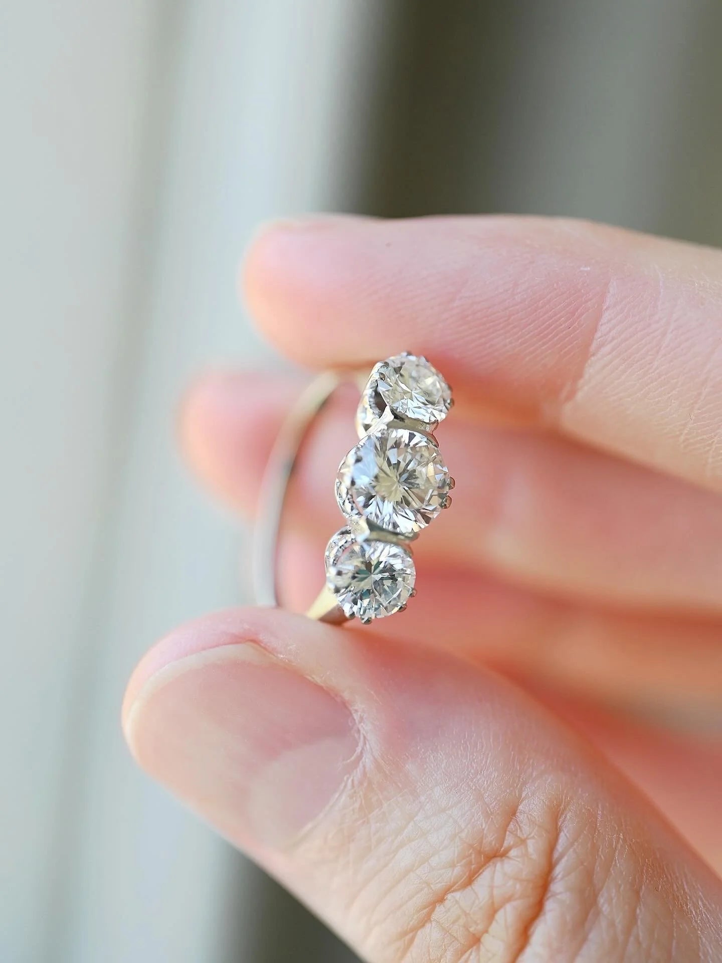 Rare Dreamy Three-stone Ring 2.11 Carats 18K White Gold 1957
