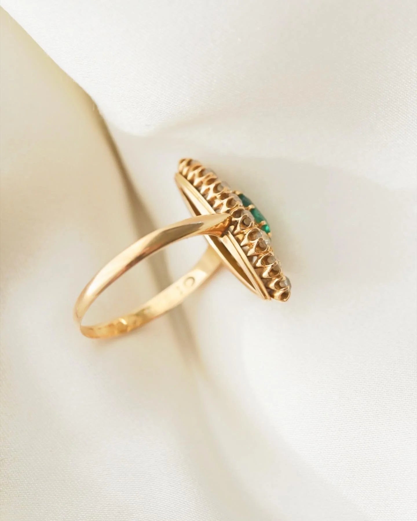 Perfect Antique Navette Emerald and Diamond Ring by CG Hallberg 18K Gold 1910s