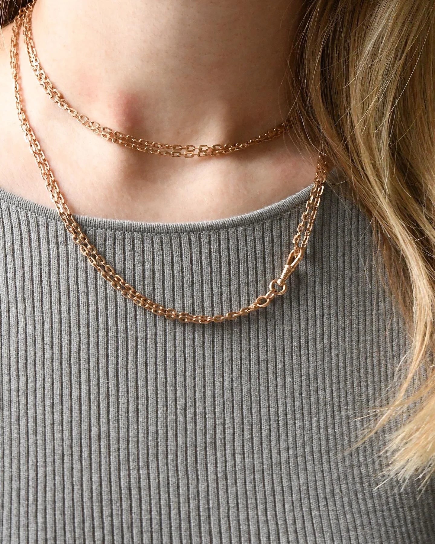 Ultra Long Antique Chain w Dog Clip and Slider 14K