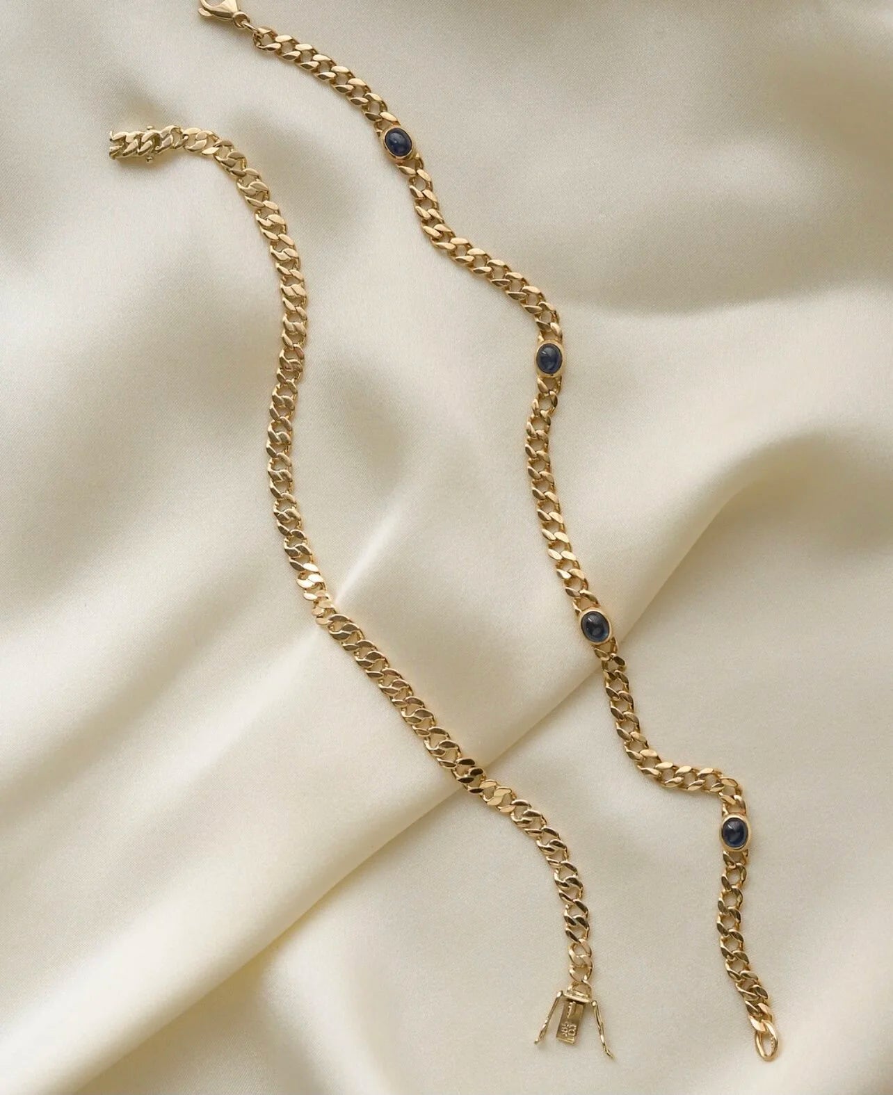 Vintage Curb Link Bracelet or Chain Extender w Sapphires 14K Gold 1980s