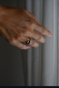 The amethyst cabochon ring worn on the hand
