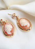 Antique 18K gold cameo drop earrings, hand carved shell cameos in open frames, on ivory silk