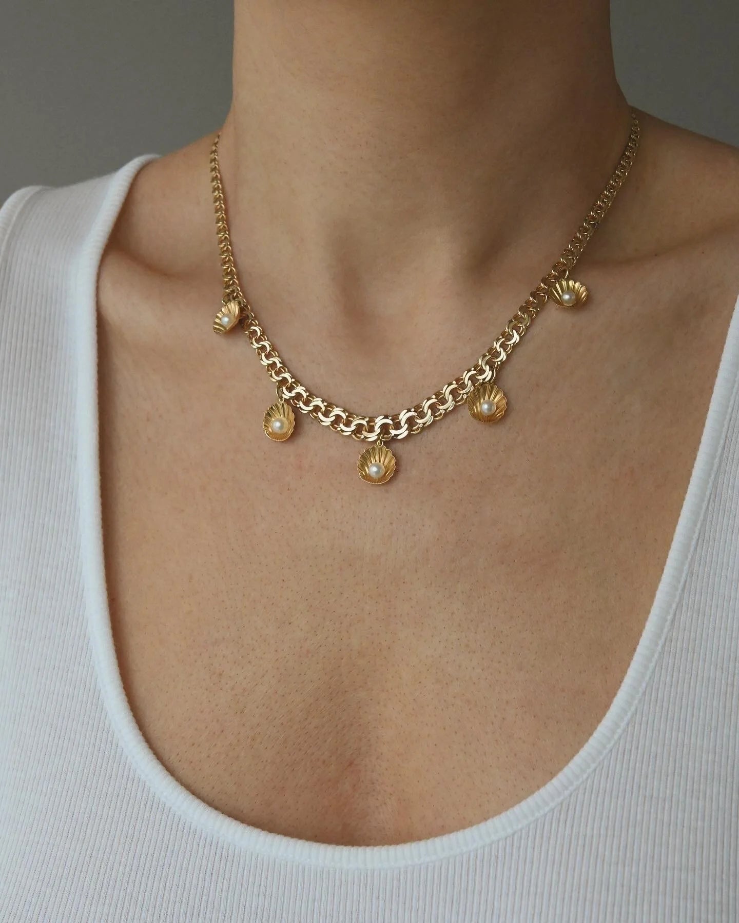 Heavy Swedish Pearl Shell Charm Necklace 18K Gold