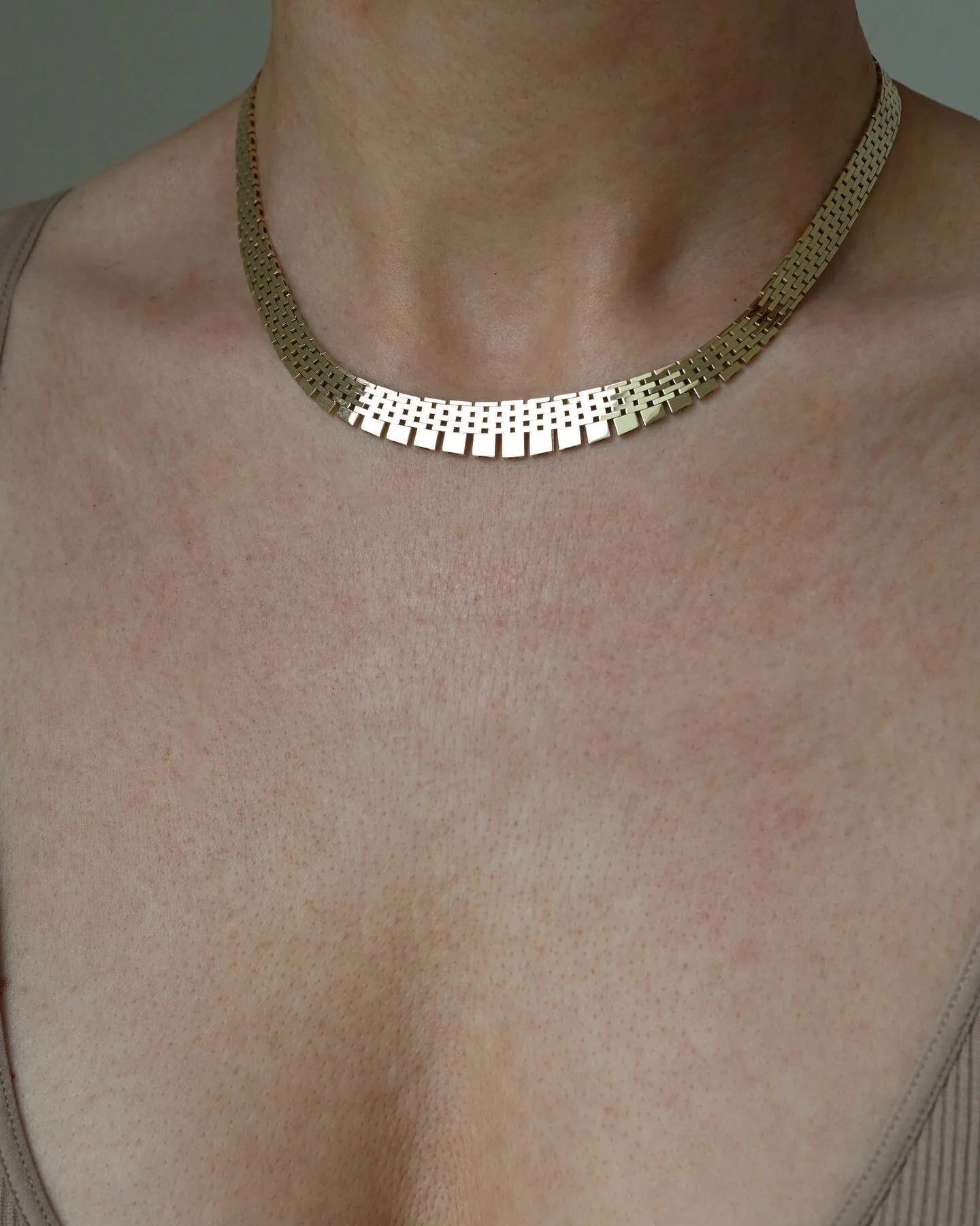 Wide Heavy 34 Grams Brick Link Necklace 14K Gold 1960s