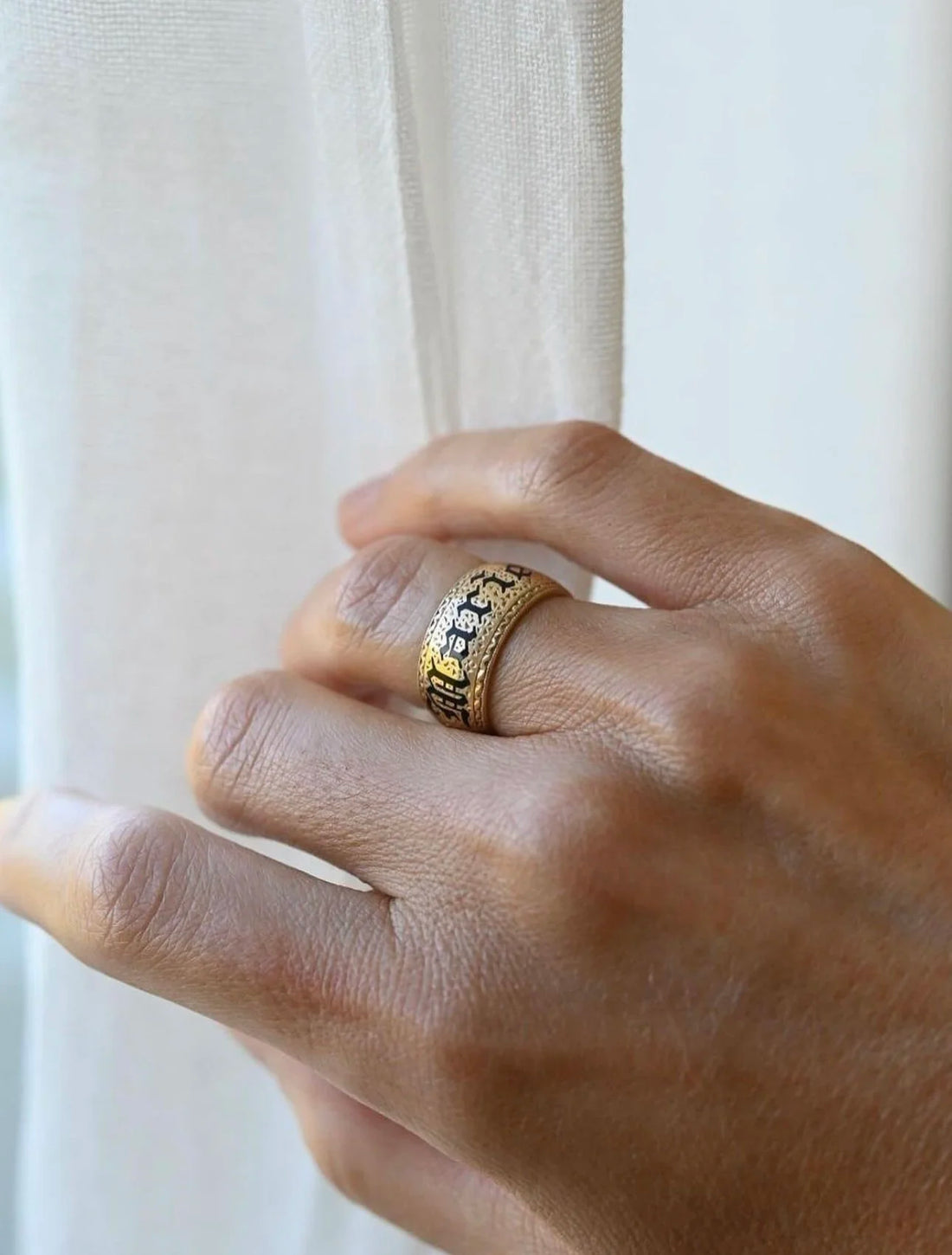 Antique Heavy “Marie” Gold Band w Enamel 14K Gold
