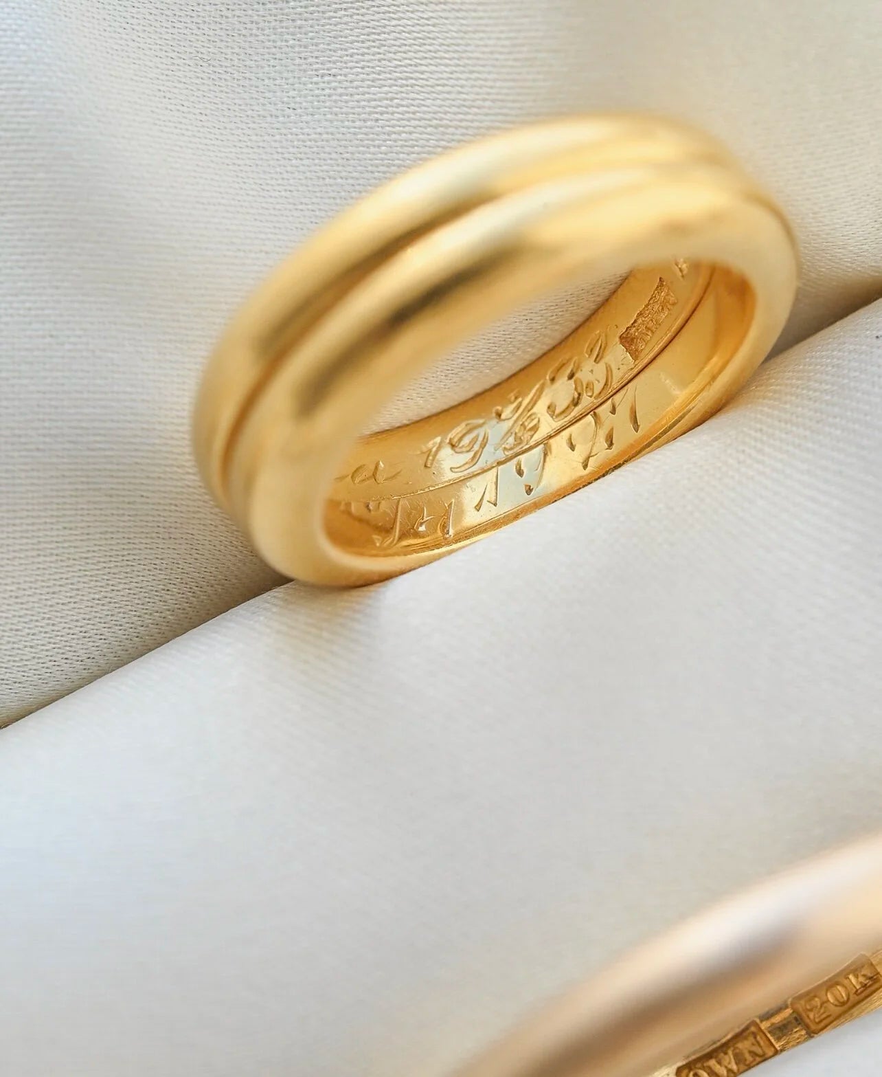 Set of TWO Size 5 Extraordinary Antique Art Deco Bands 23K Gold 1927 and 1933