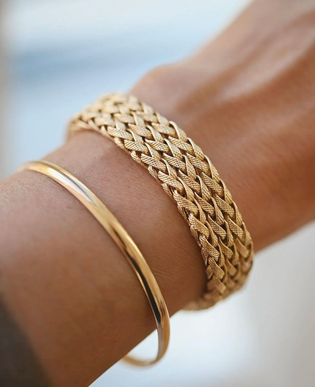 Heavy 27 Grams Italian Vintage Triple Mesh Rope Link Bracelet 18K Gold