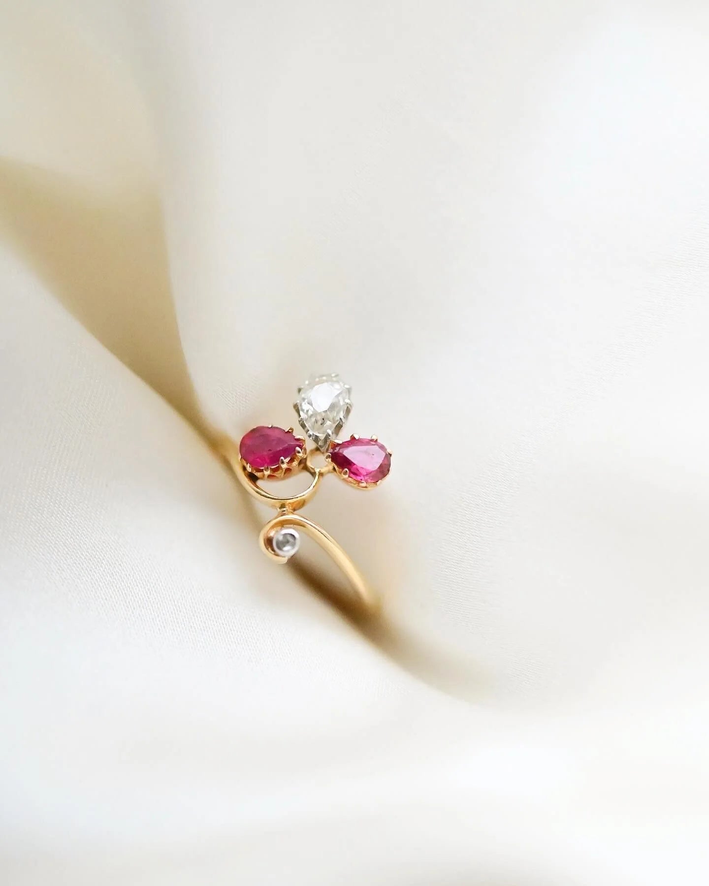 Antique French Lily Ring Ruby x Diamond Ring 14K Gold Beg 1900s