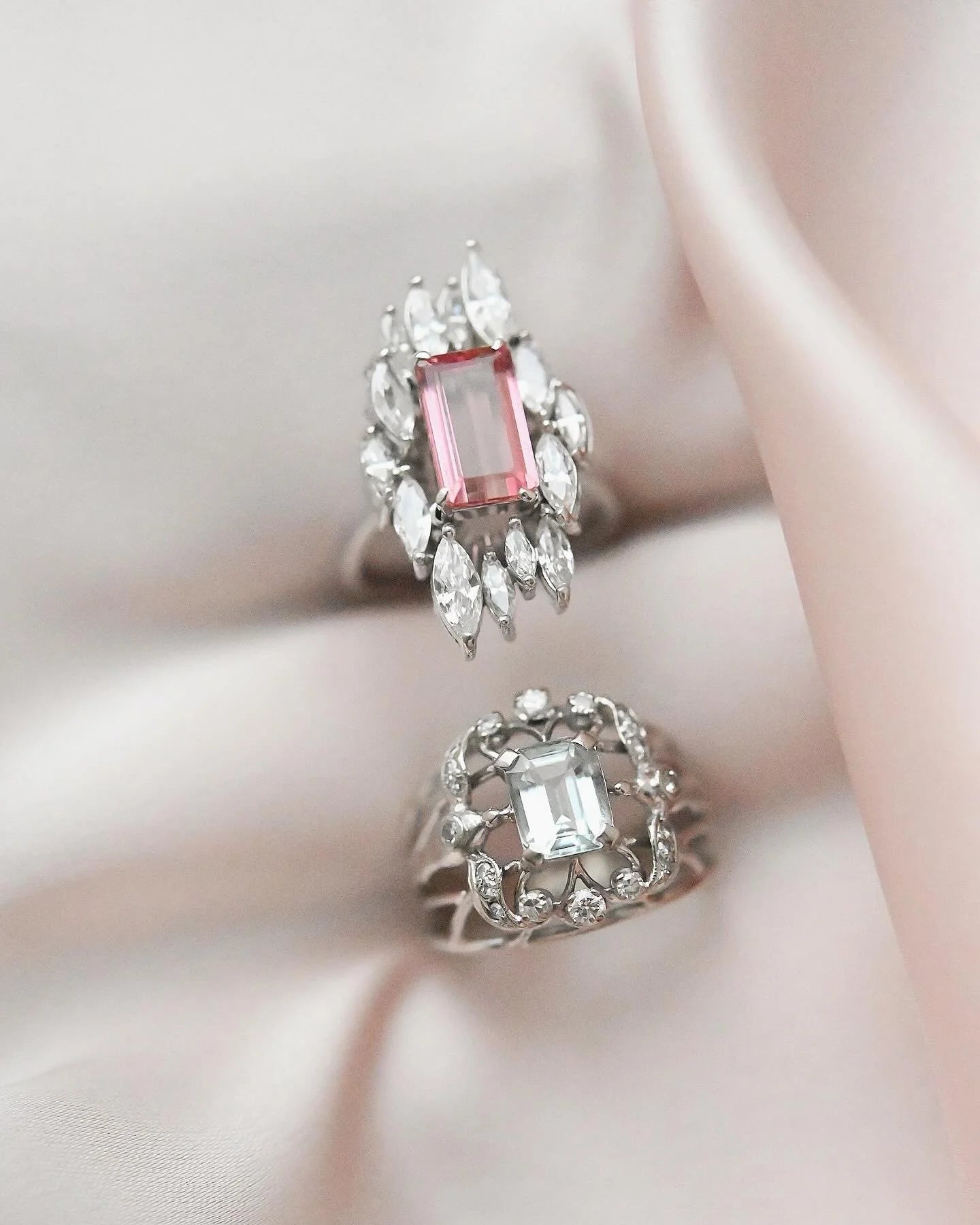 Incredible Navette Cut Diamond and Tourmaline Cocktail Ring 14K Solid White Gold