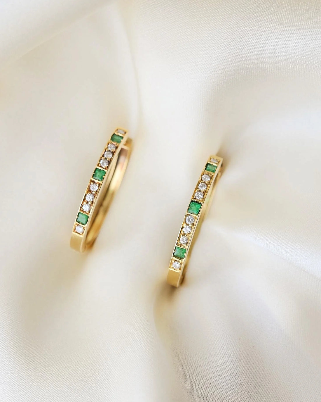 Big Vintage Hoops Huggies Emerald And Diamond 14K Gold