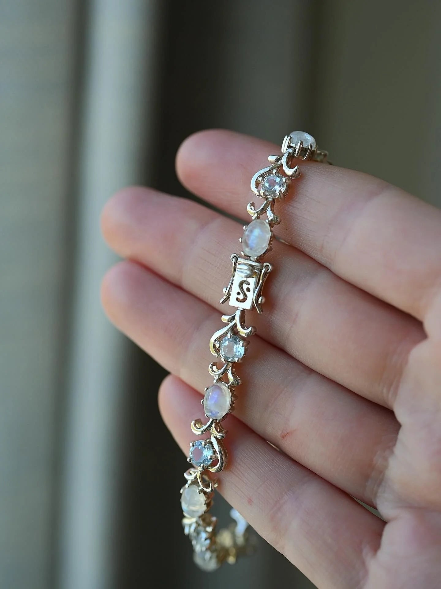 Dreamy Vintage Cabochon Moonstone and Topaz Bracelet Sterling Silver