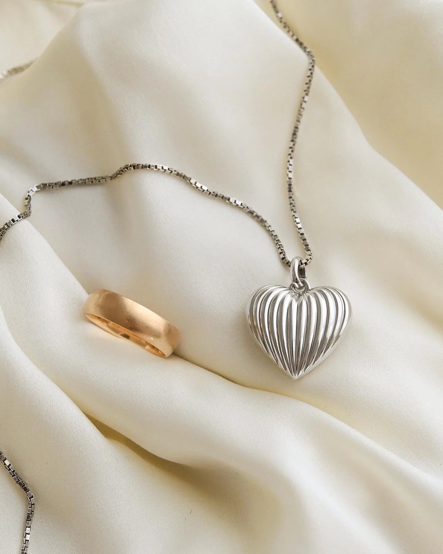 Swedish Vintage Silver Puffy Heart Pendant on Long Silver Chain