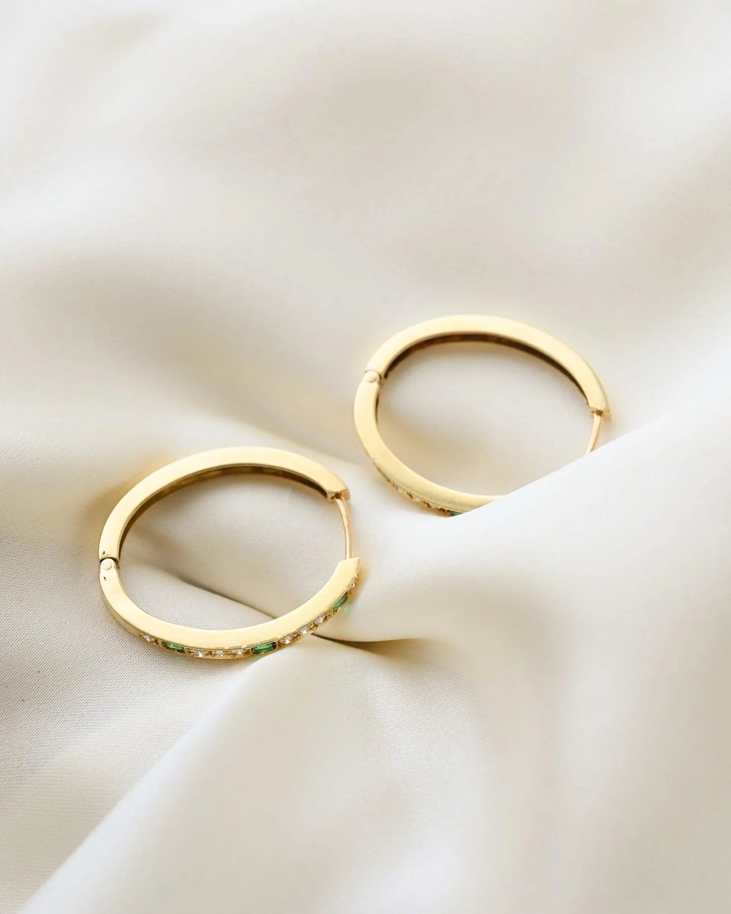 Big Vintage Hoops Huggies Emerald And Diamond 14K Gold