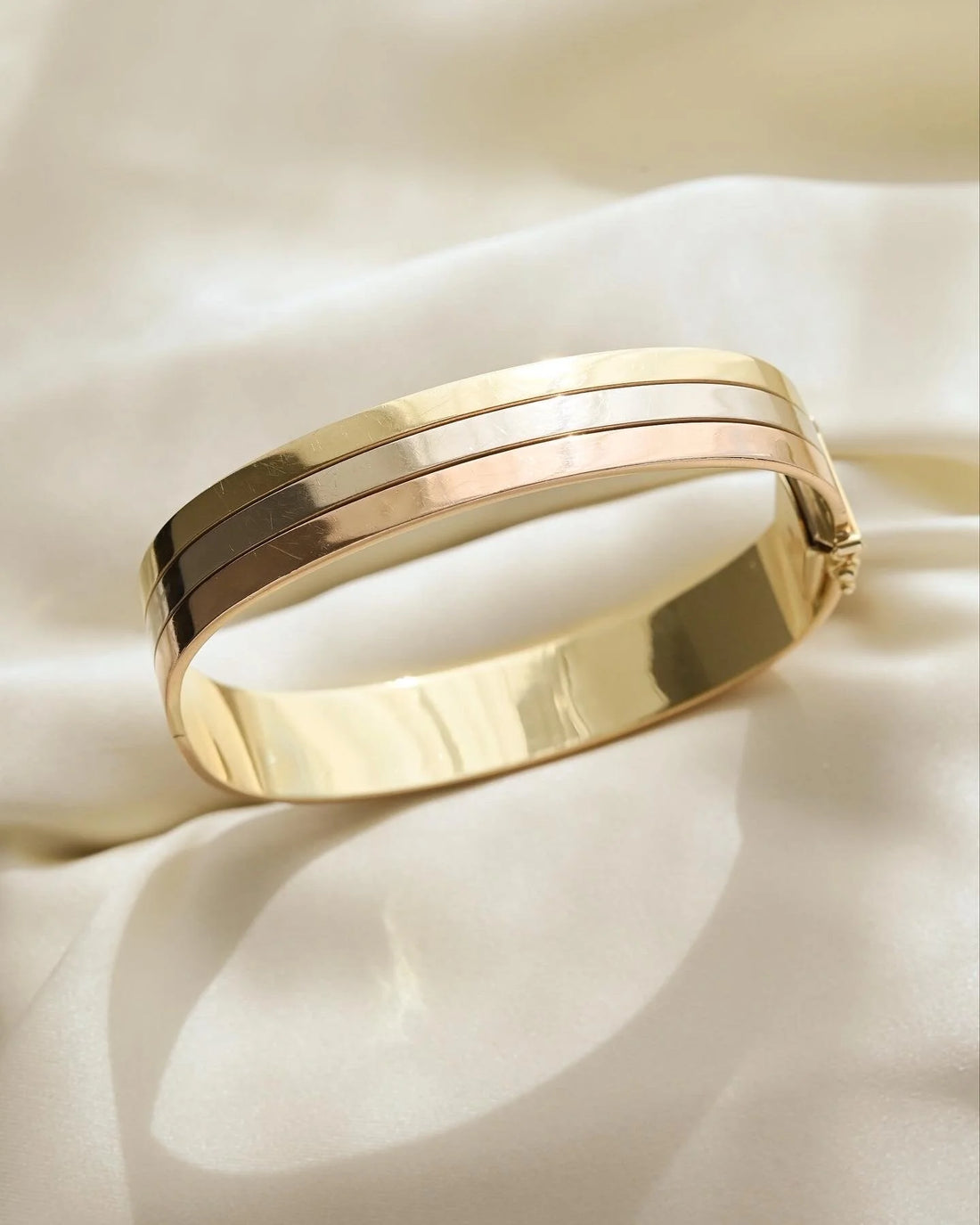 Rare Tri Color Rectangular Vintage Bangle 14K Gold 1970s