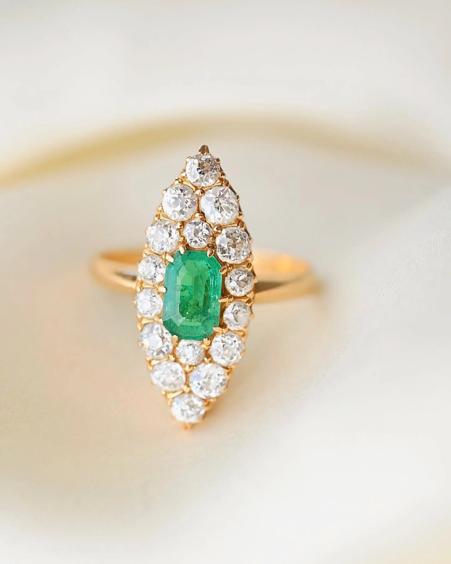 Perfect Antique Navette Emerald and Diamond Ring by CG Hallberg 18K Gold 1910s