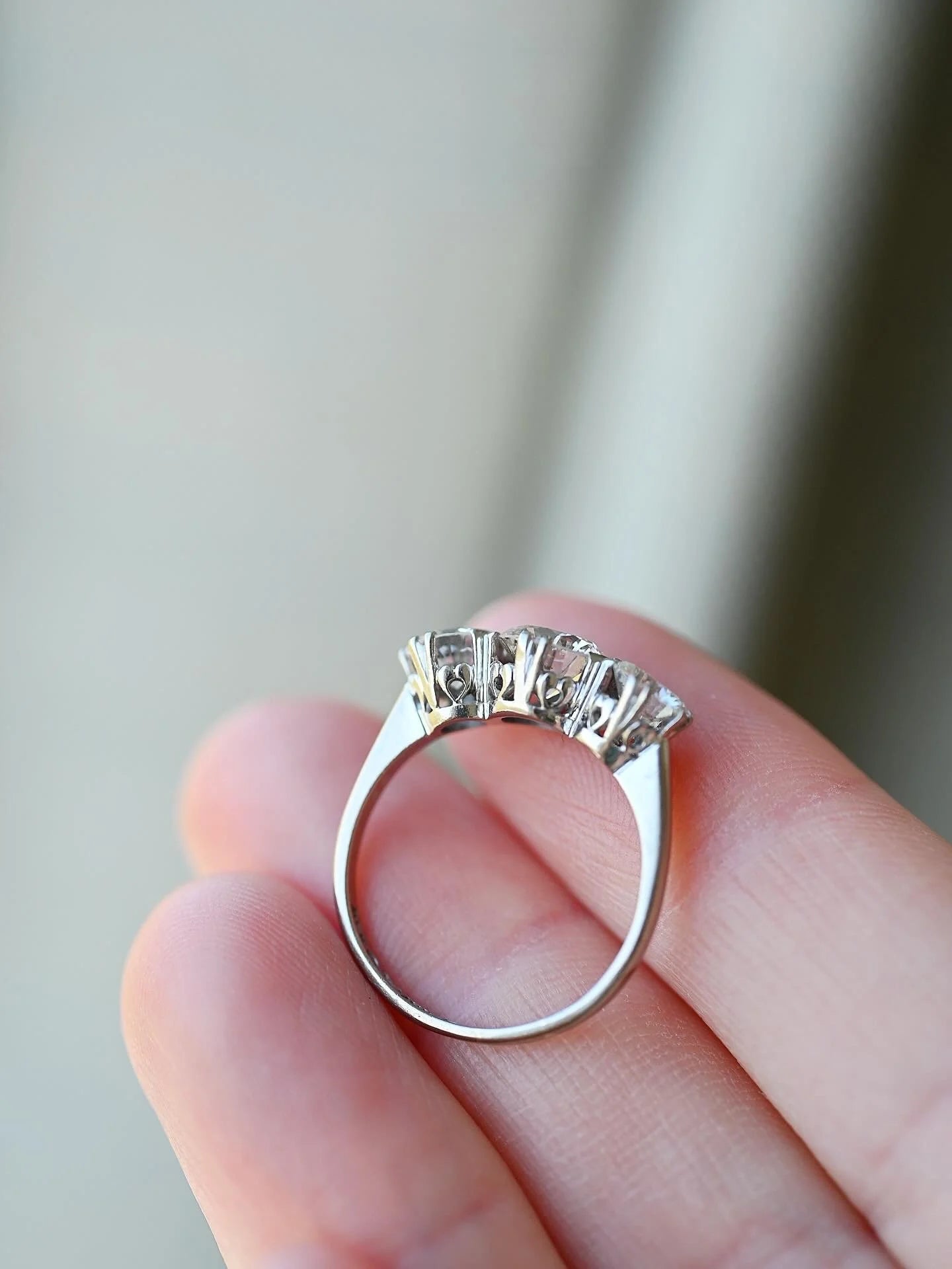 Rare Dreamy Three-stone Ring 2.11 Carats 18K White Gold 1957
