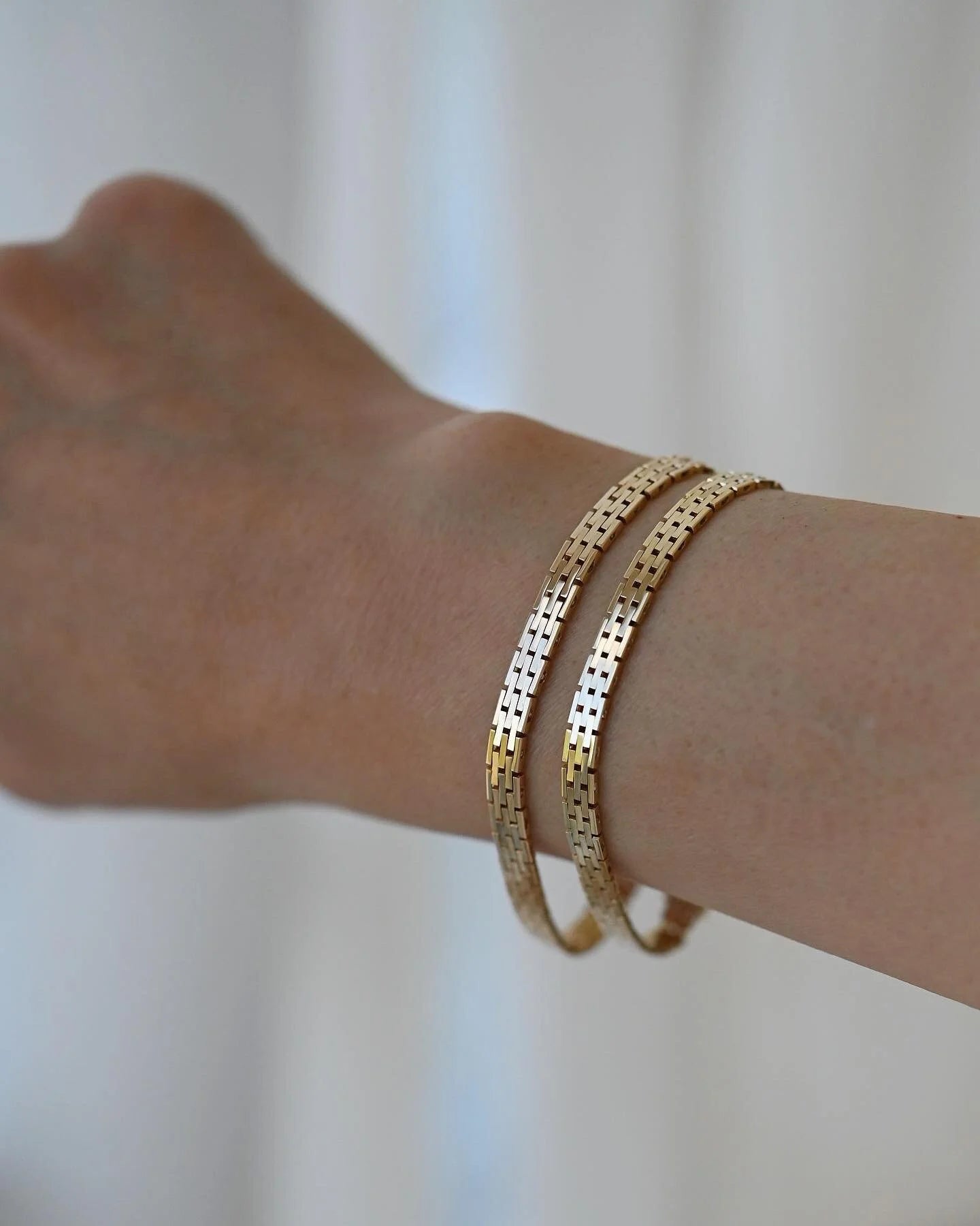 Two Rare Danish Vintage Slimmer Brick Link Bracelets 14K Gold 1960-70