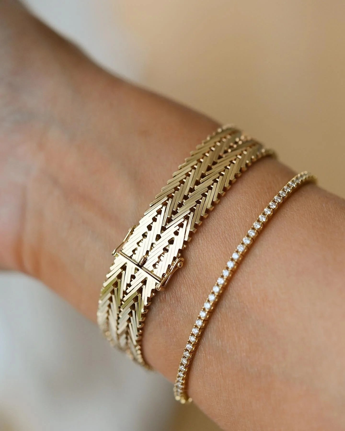 Danish Vintage Double Row Geneva Link Bracelet 14K Gold