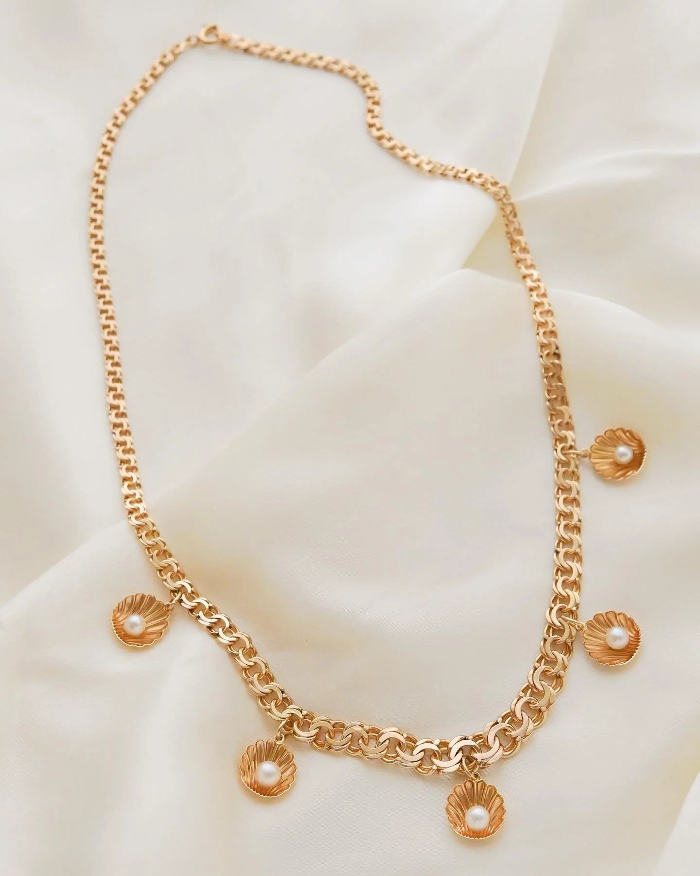 Heavy Swedish Pearl Shell Charm Necklace 18K Gold