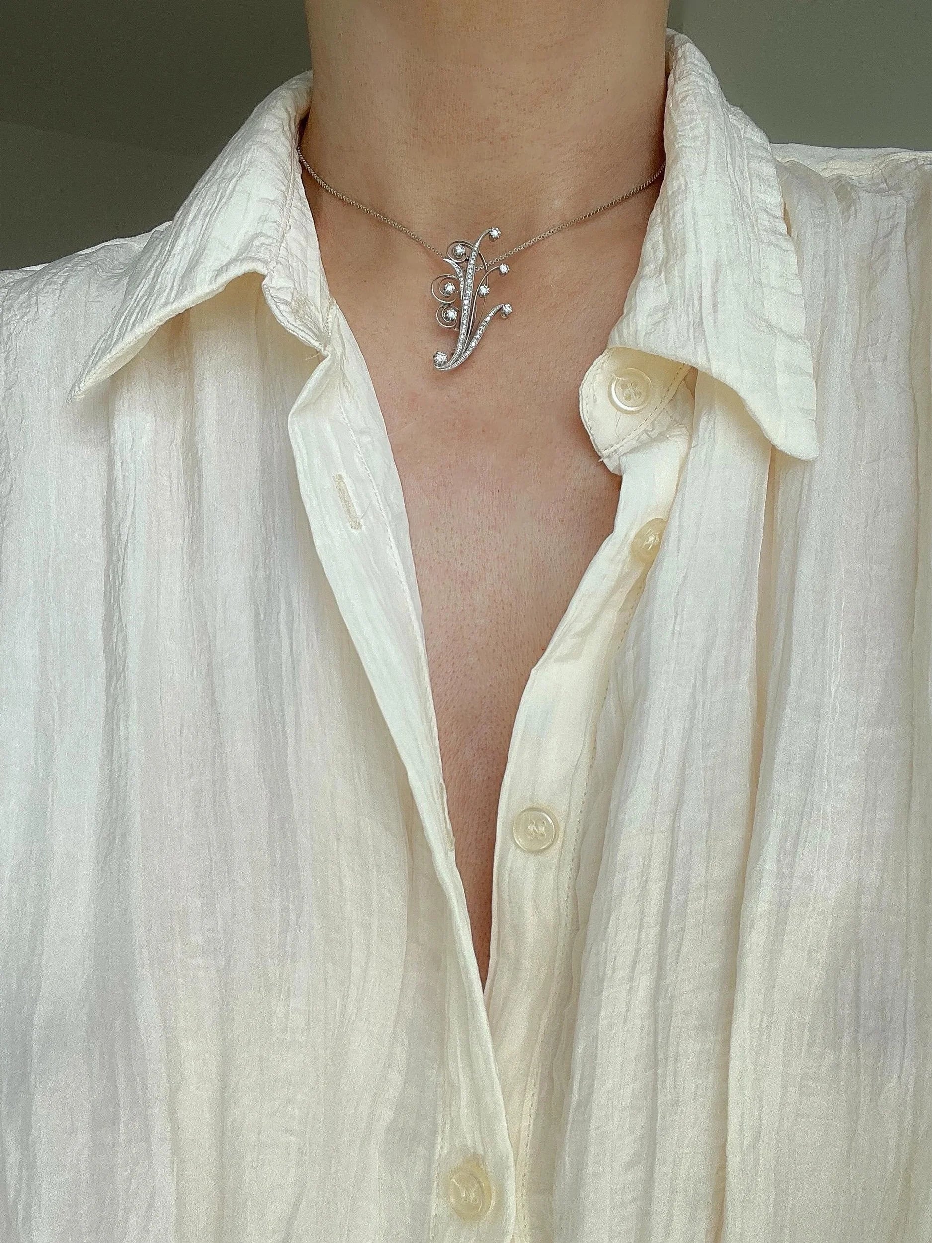 Antique Bouquet Diamond Pendant 1.0 Carats 18K White Gold On Complimentary Silver Chain