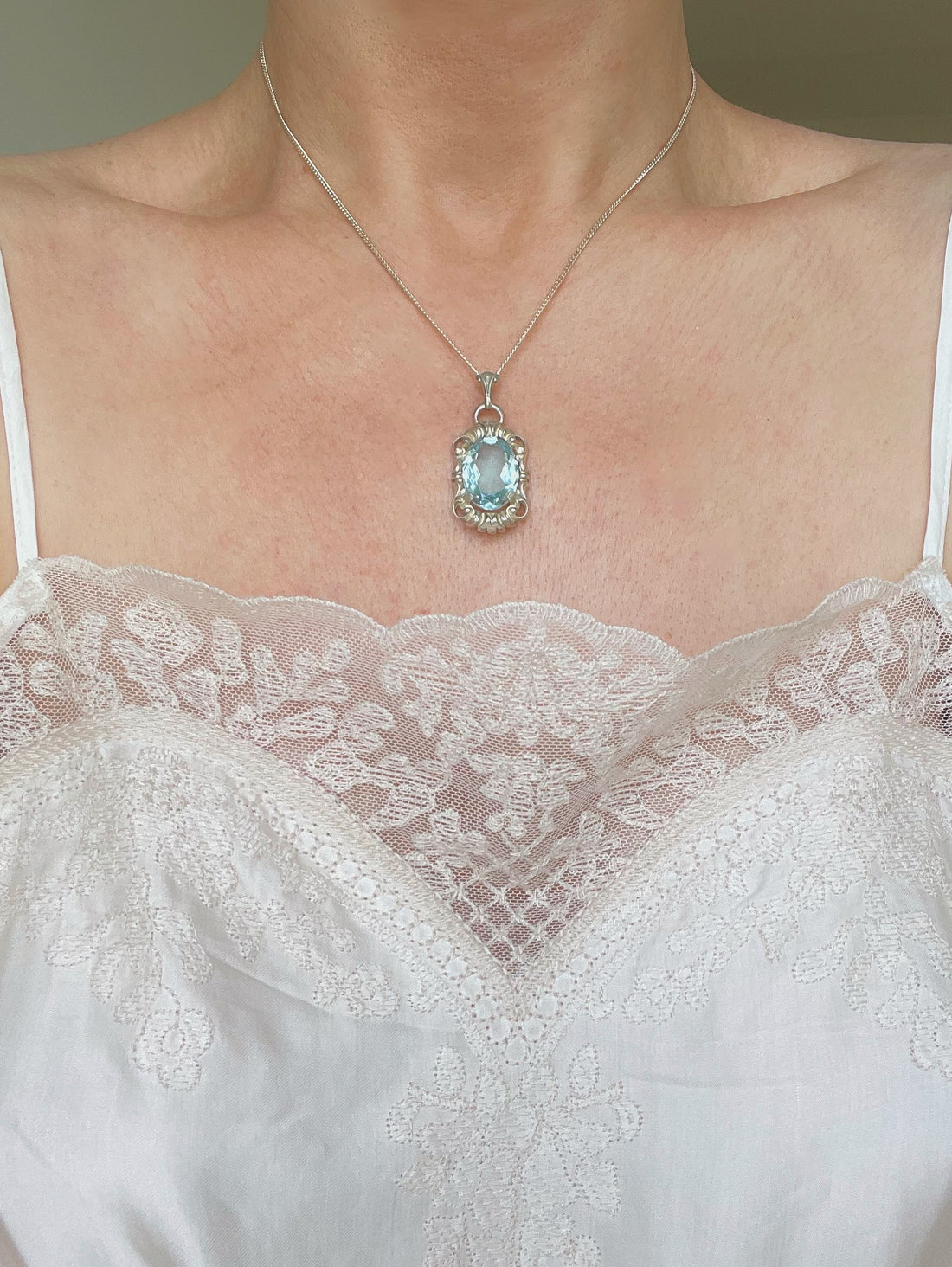Big Dreamy Icy Blue Spinel Pendant Vintage Silver 1940s