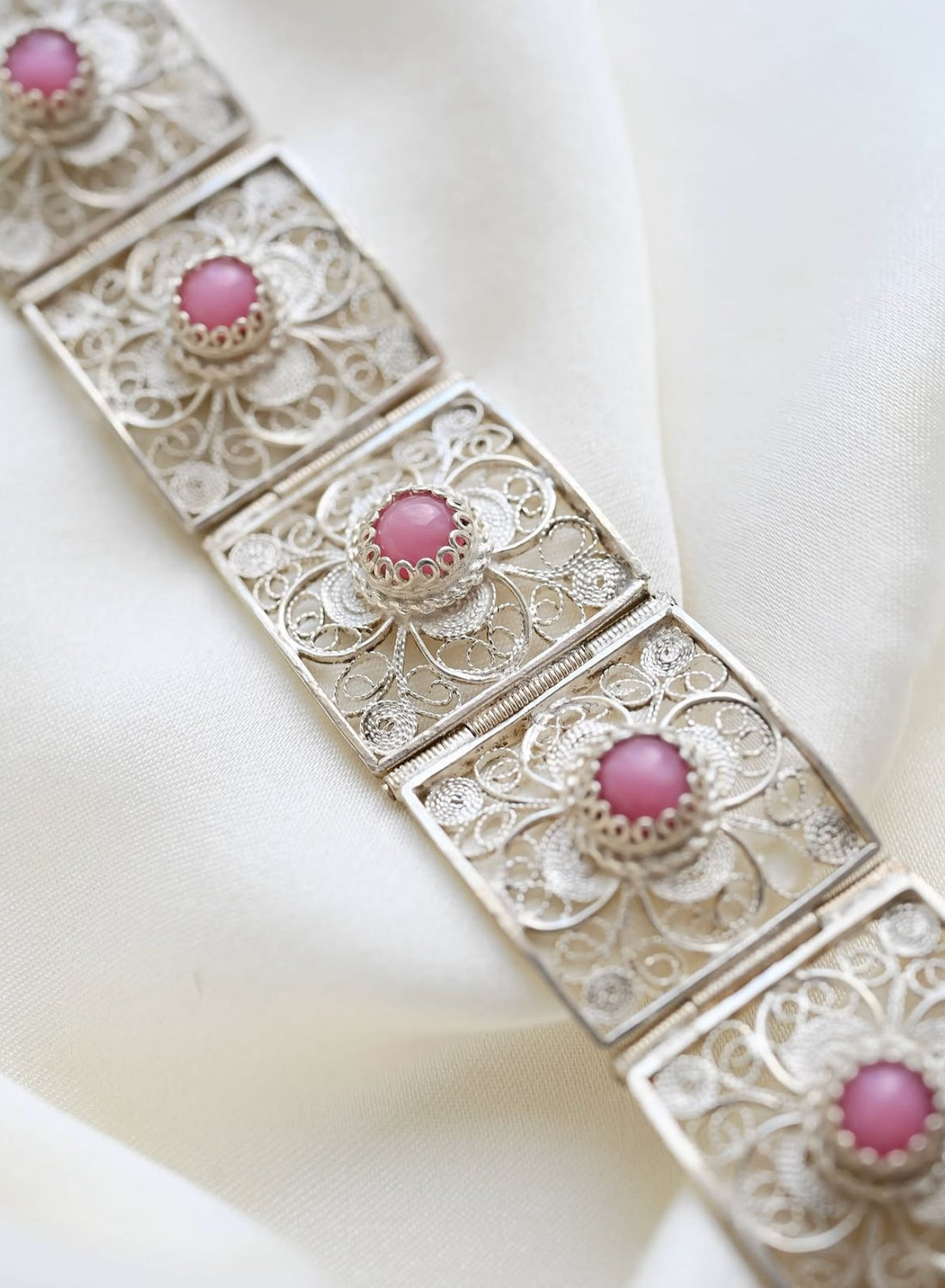 Romantic Vintage Silver Filigree Panel Bracelet with Pink Stones