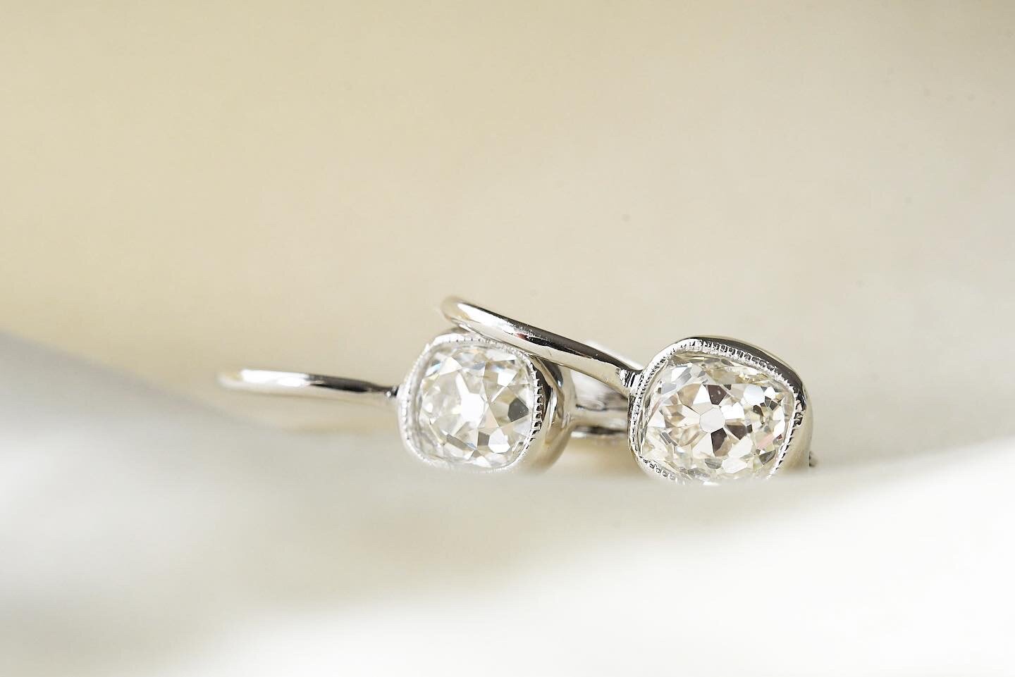 Divine Old Mine Cut Diamond Earrings 18K White Gold