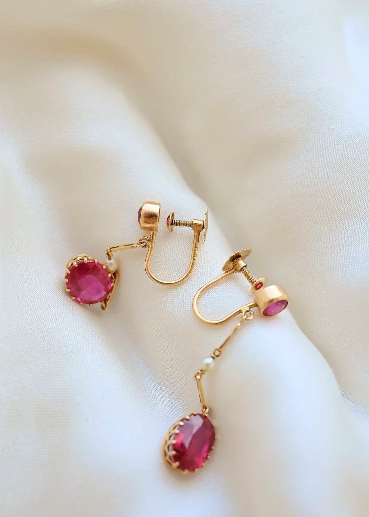 Striking Cherry Drop Earrings w Pearl and Pink Lab Created Ruby 18K Gold