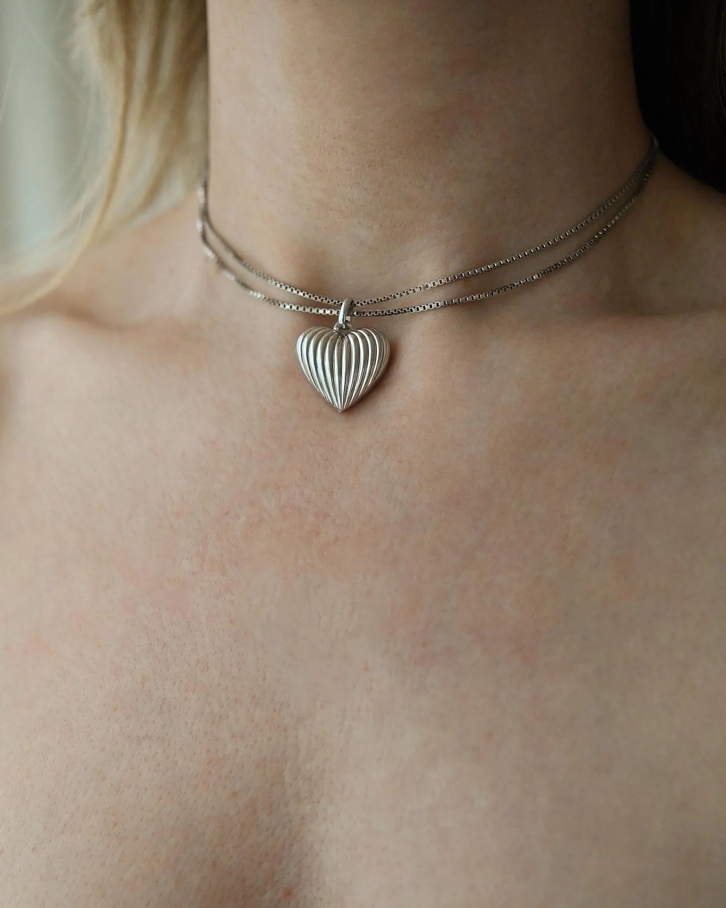 Swedish Vintage Silver Puffy Heart Pendant on Long Silver Chain