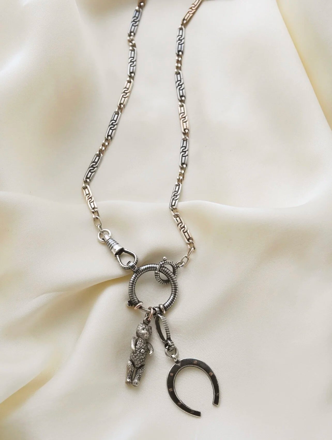 Antique Niello Silver Watch Chain w Horse Shoe and Extra Bolt Clasp 1890
