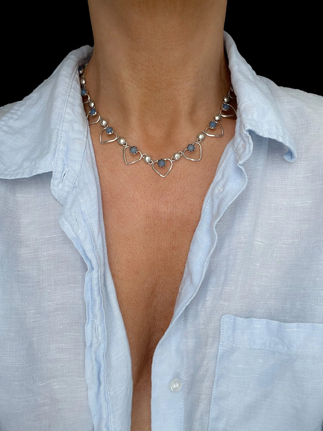Exquisite Vintage Heart Silver x Calchedony Necklace 1950