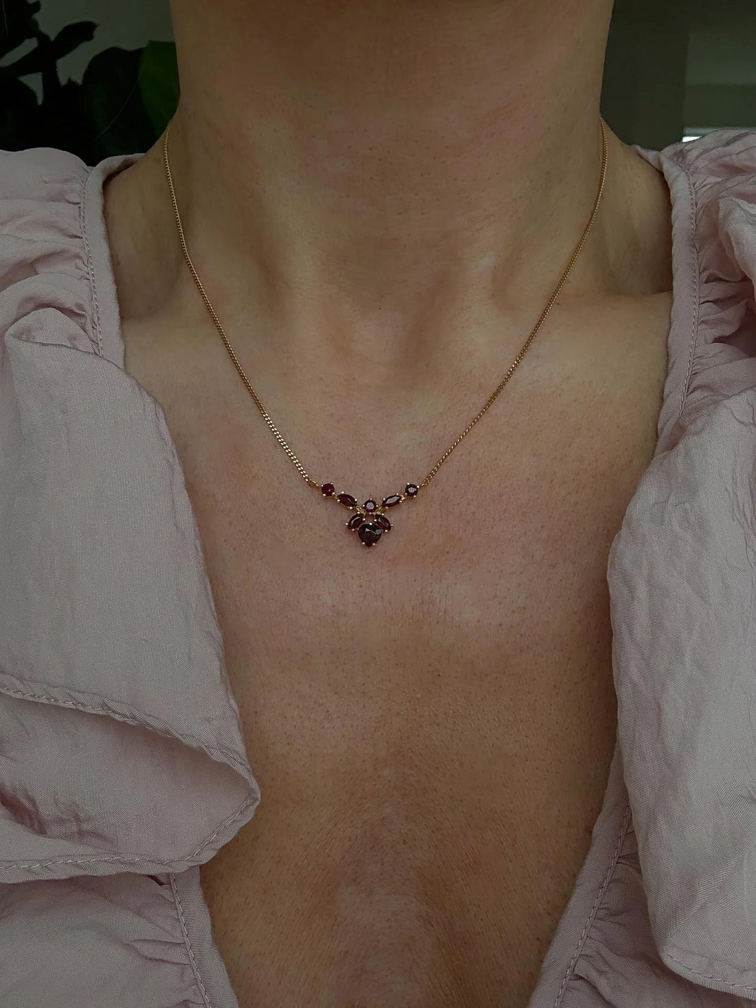 Romantic Vintage Garnet Heart Cluster Pendant Chain 18K Gold