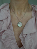 Antique French Flower Enamel Locket Pink Roses Purple Ribbon Silver + Complimentary Chain
