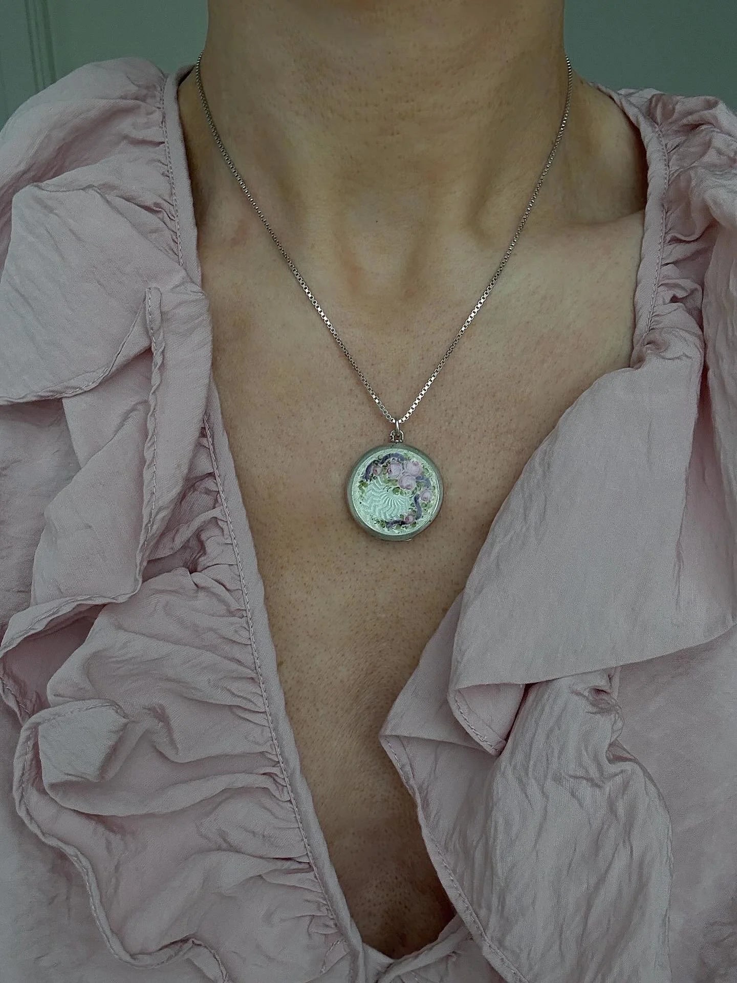 Antique French Flower Enamel Locket Pink Roses Purple Ribbon Silver + Complimentary Chain