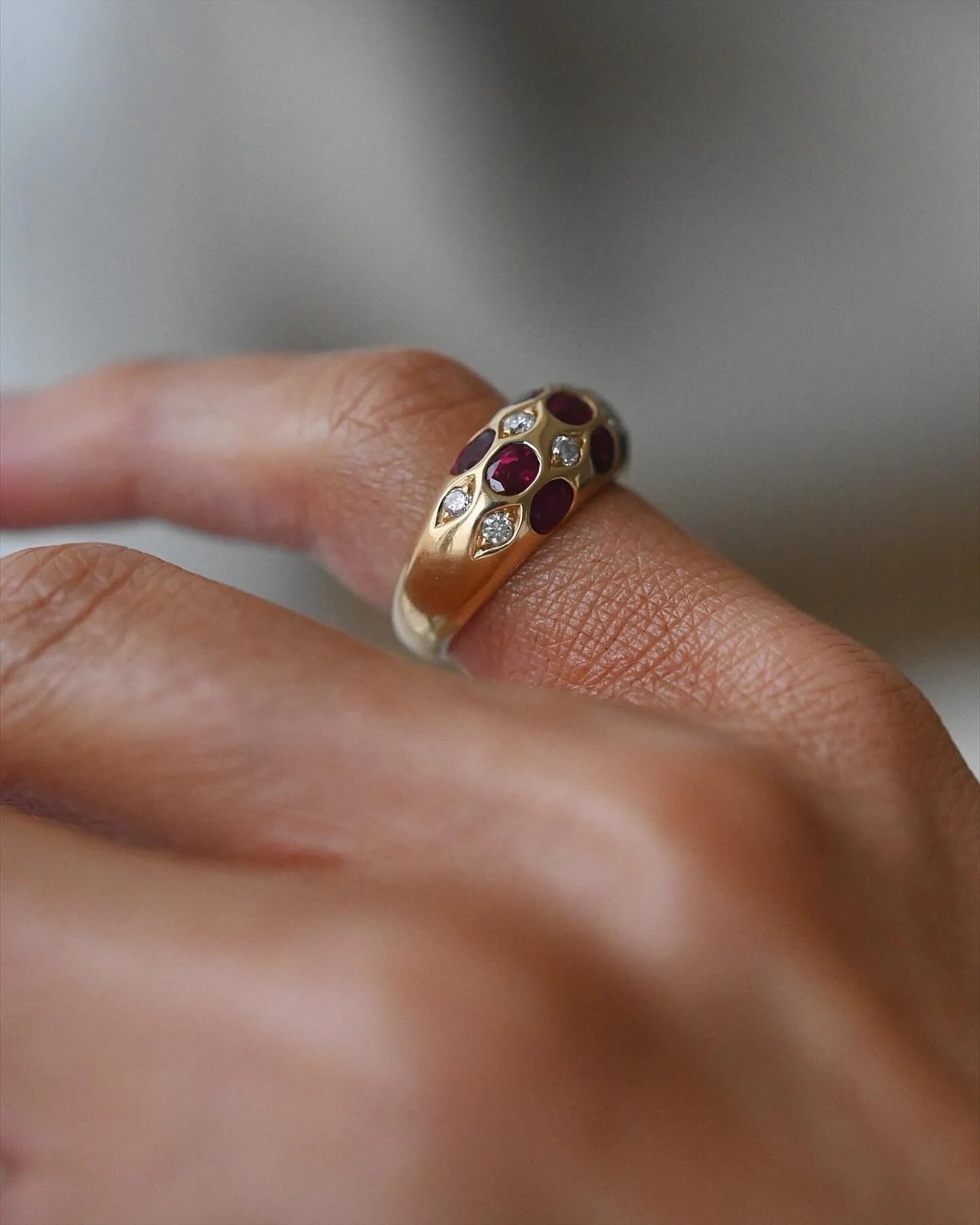 Exquisite Vintage Estate Dome Ring w Rubies and Diamonds 18K Gold