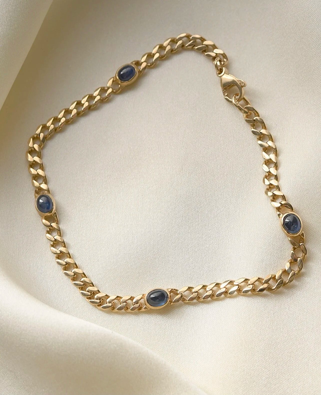 Vintage Curb Link Bracelet or Chain Extender w Sapphires 14K Gold 1980s