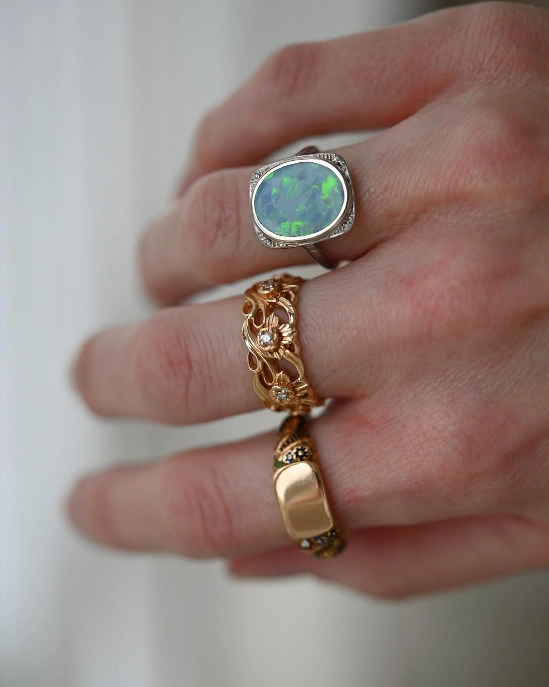 Big Antique Art Deco Ring w Opal and Diamonds 18K White Gold