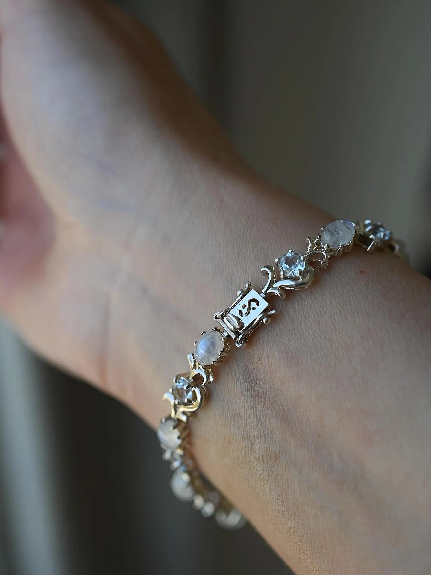 Dreamy Vintage Cabochon Moonstone and Topaz Bracelet Sterling Silver
