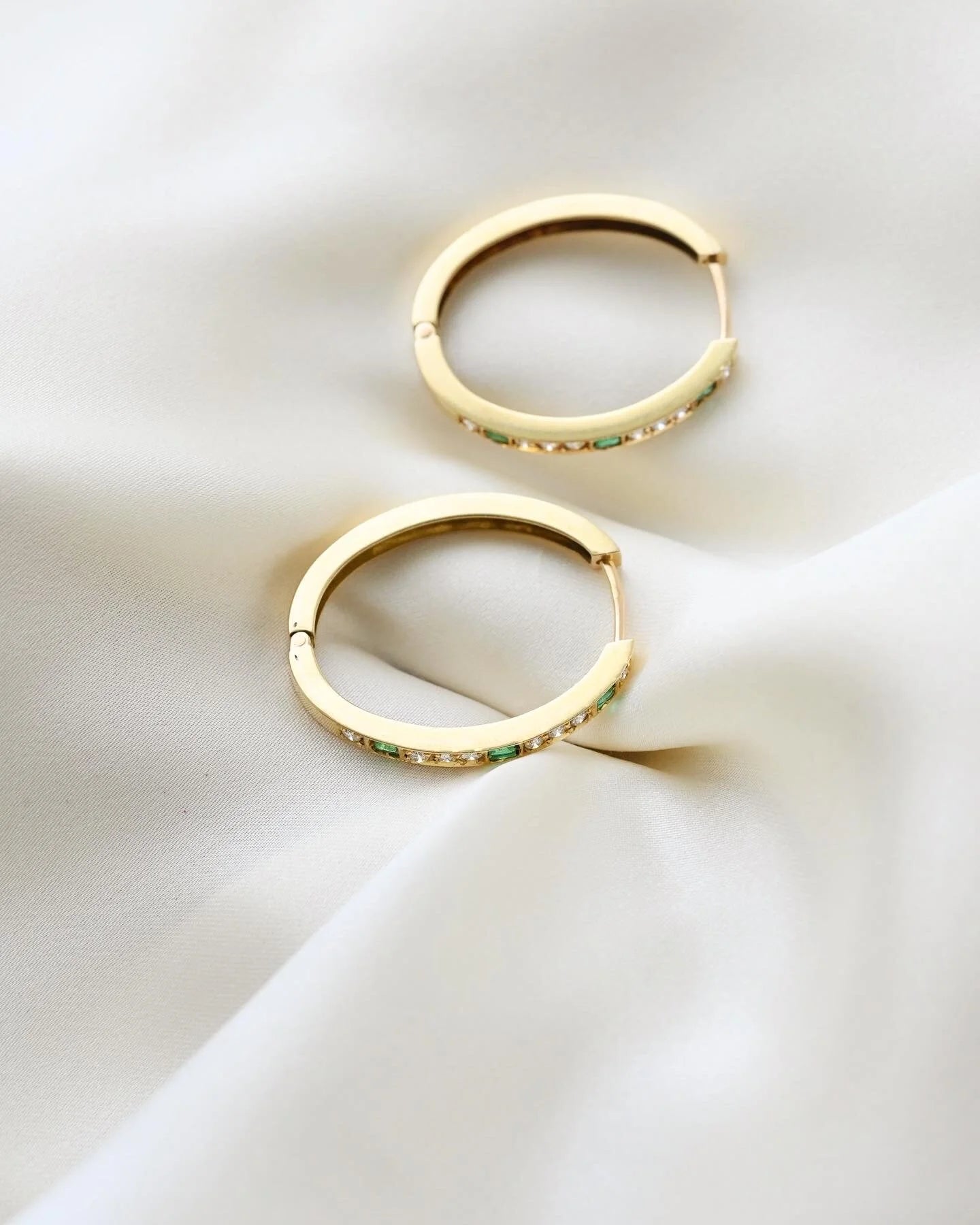 Big Vintage Hoops Huggies Emerald And Diamond 14K Gold