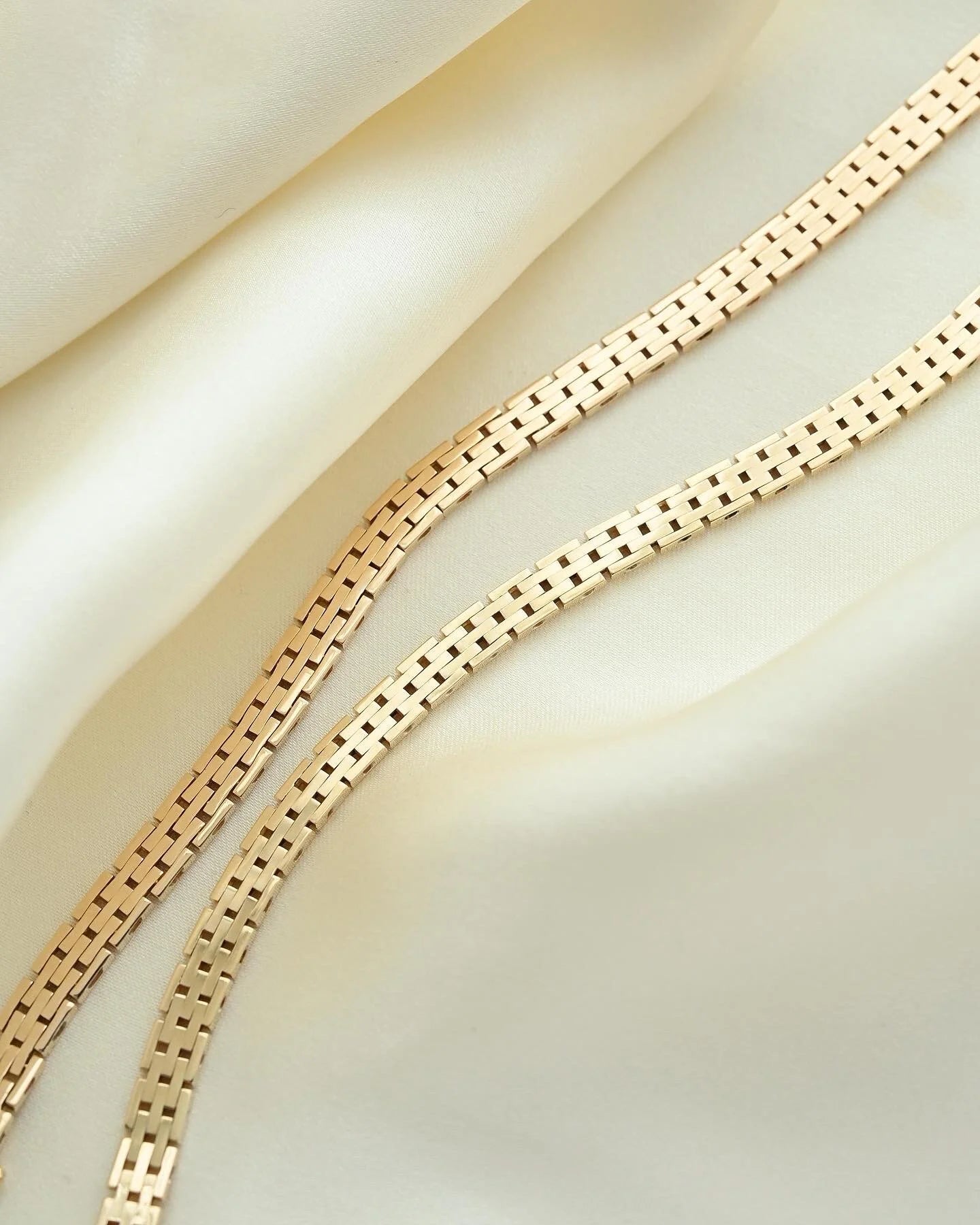 Two Rare Danish Vintage Slimmer Brick Link Bracelets 14K Gold 1960-70