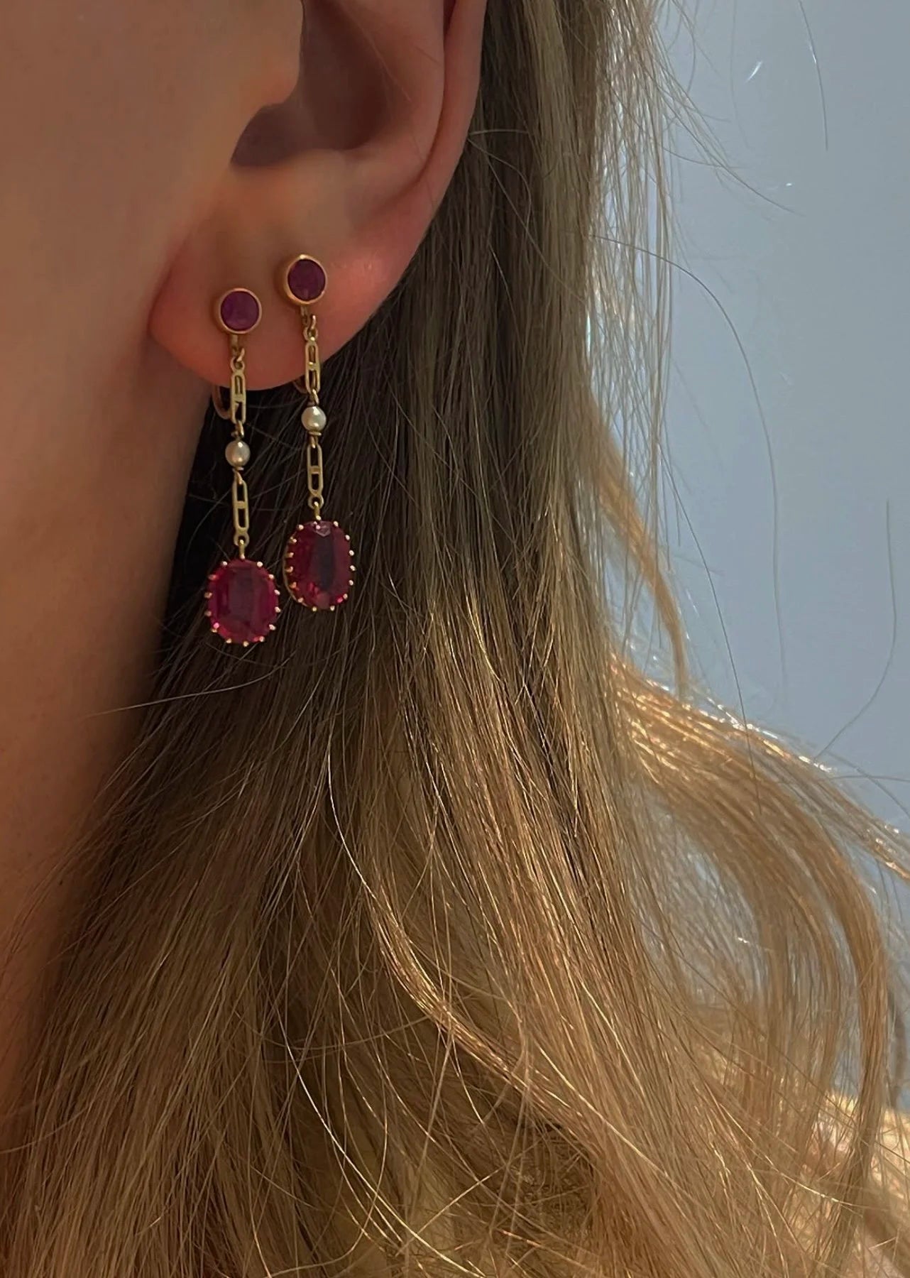 Striking Cherry Drop Earrings w Pearl and Pink Lab Created Ruby 18K Gold