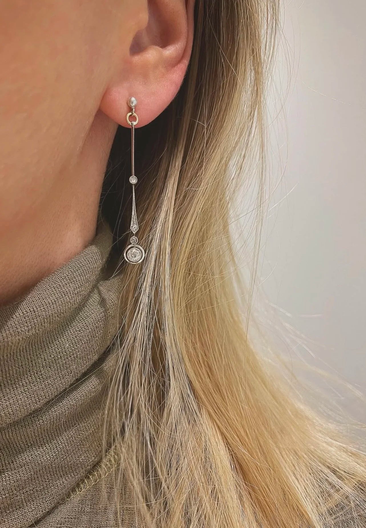 Long Architectural Antique Art Deco Diamonds Earrings 14K Gold x Silver